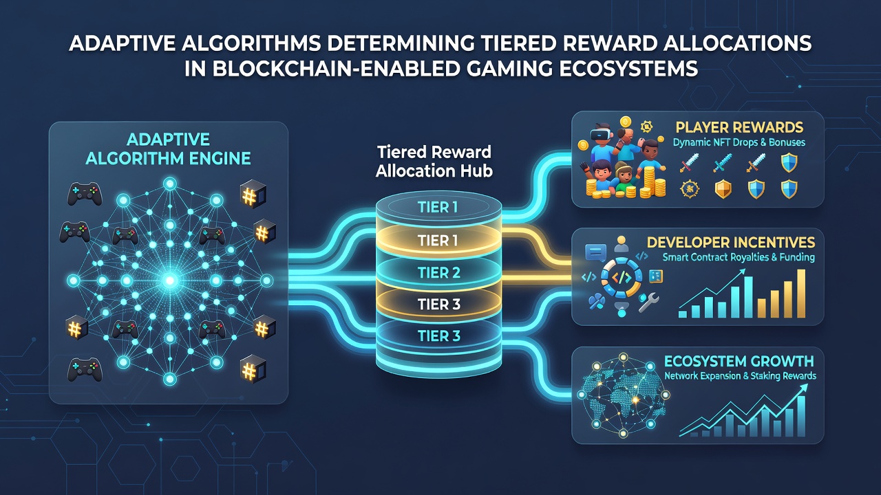 Data visualization of tiered reward allocations adjusting across blockchain gaming networks