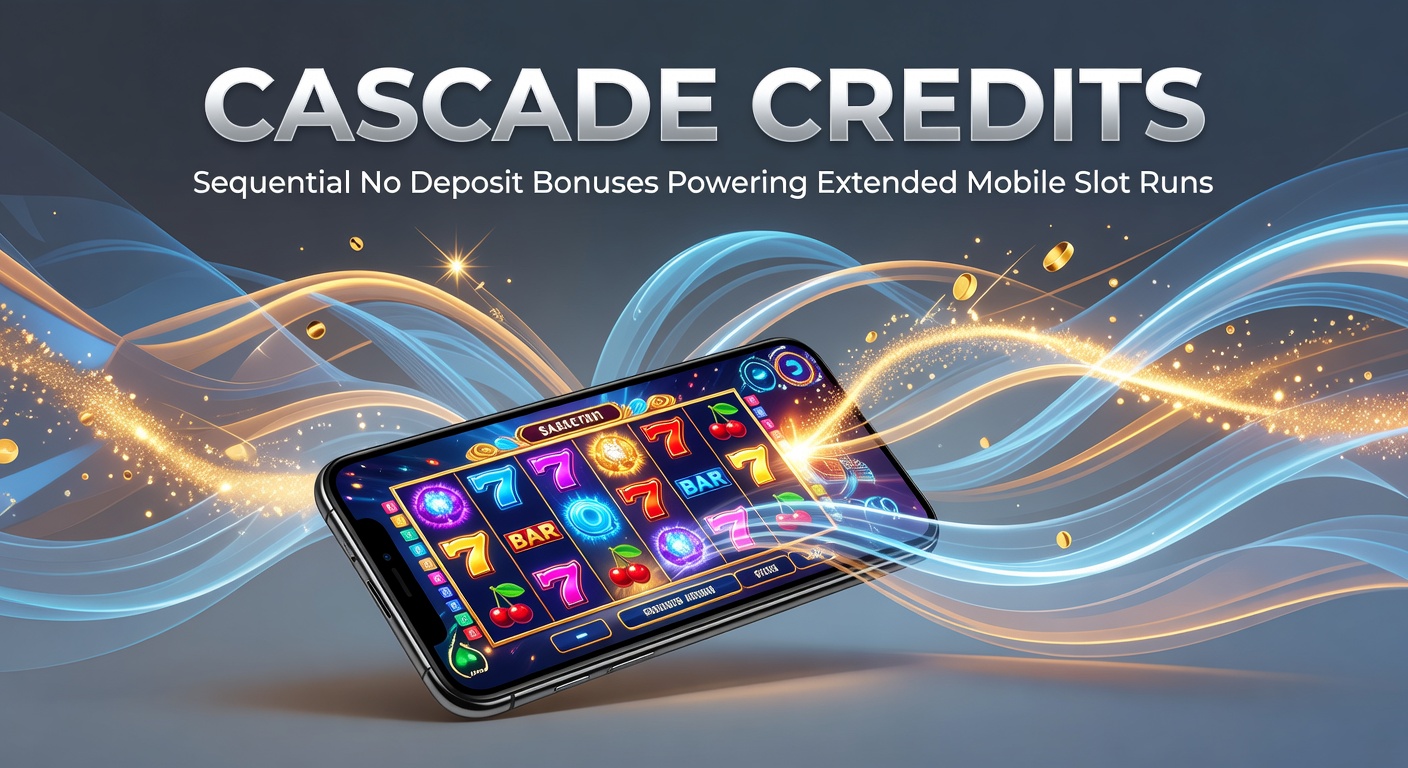 Mobile slot player unlocking sequential no deposit bonuses on a cascade credit system, showing extended play sessions on vibrant slot reels