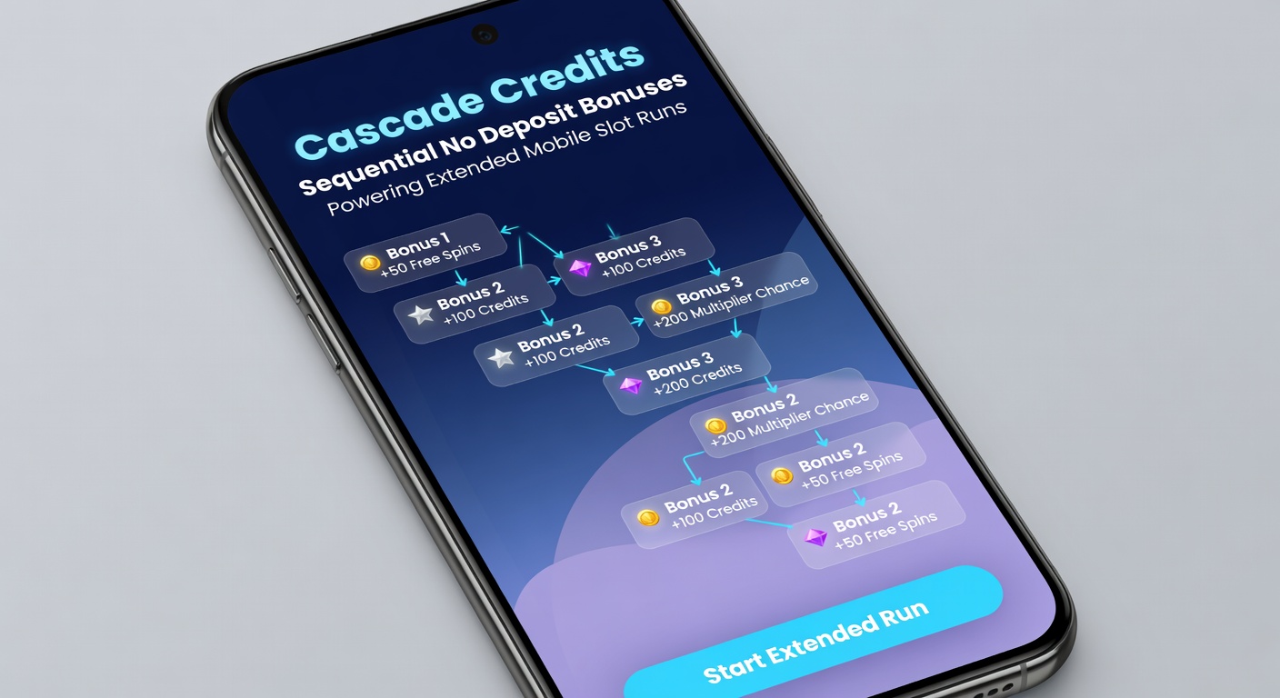 Infographic illustrating a cascade credit chain with sequential bonus unlocks extending mobile slot play, featuring progress bars and slot icons