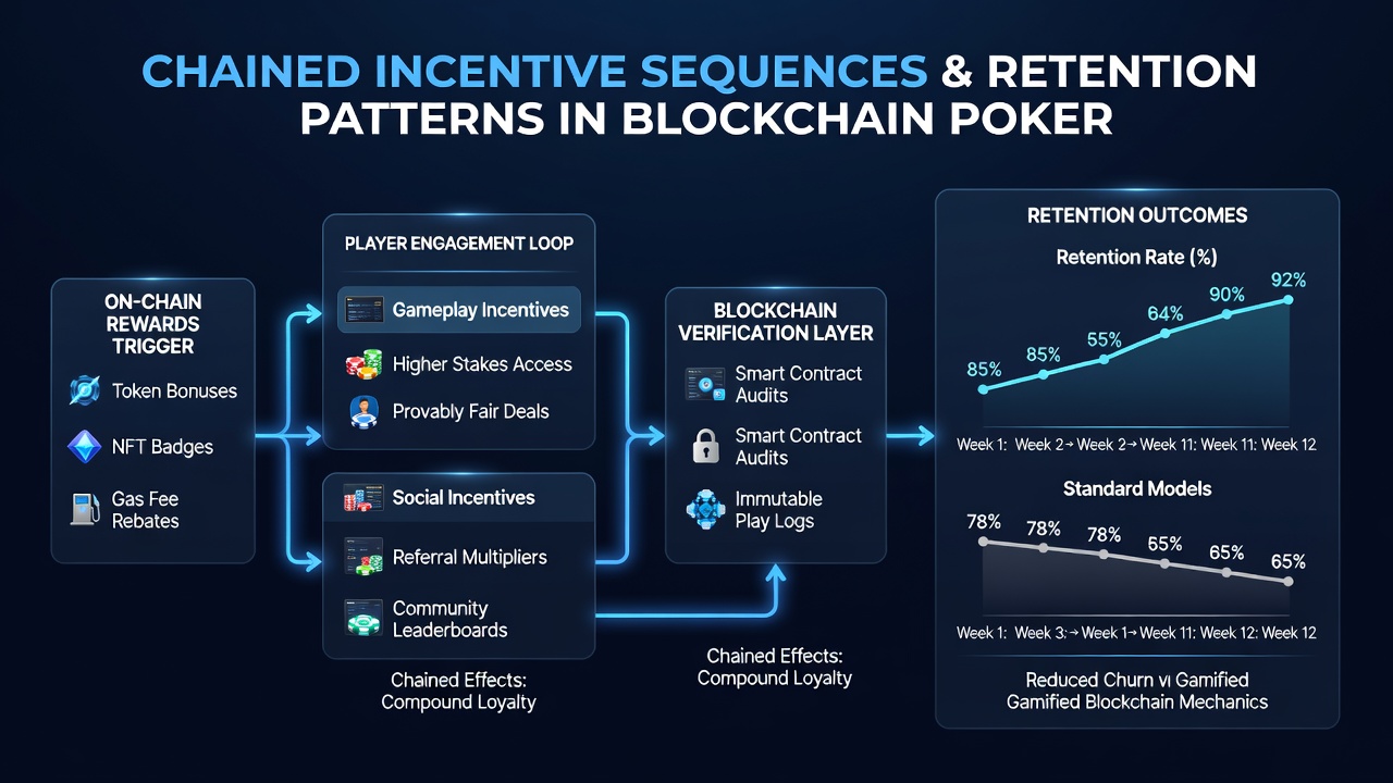 Data visualization of retention curves for blockchain poker users progressing through incentive chains