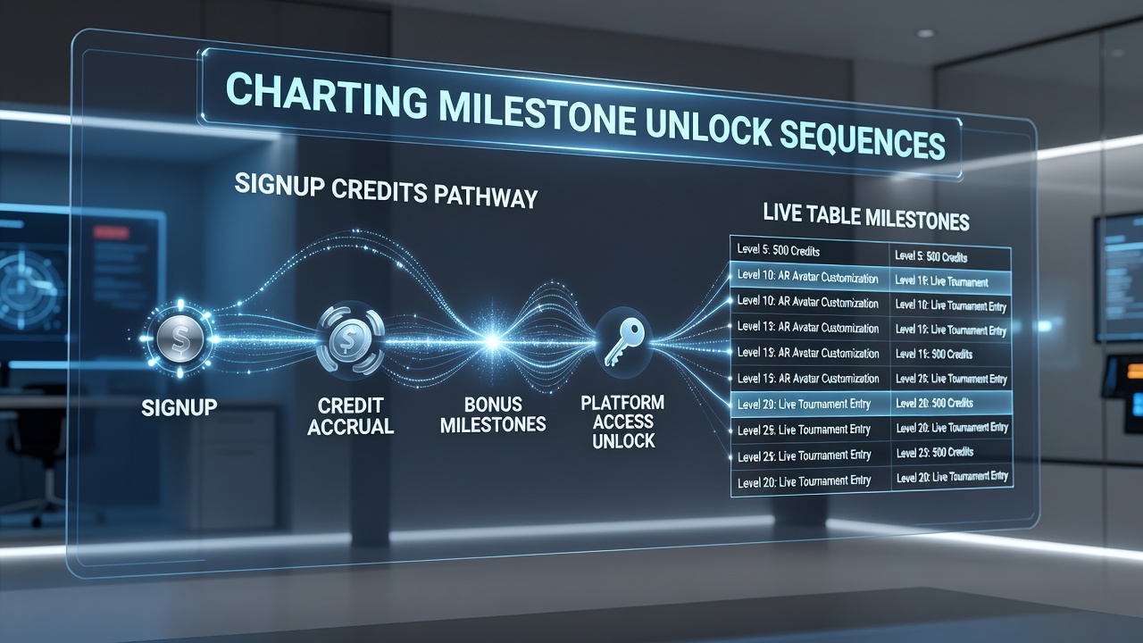 Augmented reality gaming interface showing initial signup credit activation and milestone progress tracker in a virtual casino environment