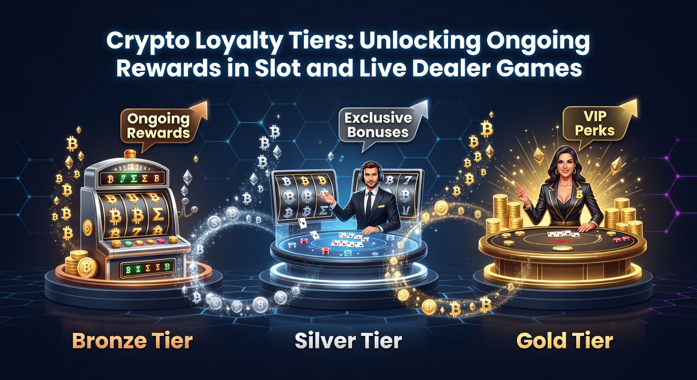Vibrant digital illustration of stacked crypto coins forming loyalty tiers beside slot reels and live dealer tables, symbolizing escalating rewards in online gaming