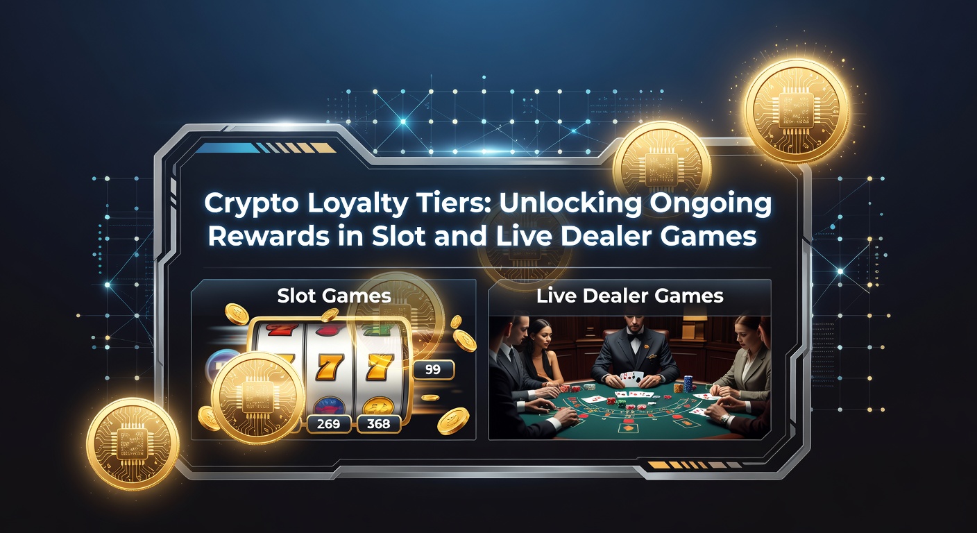 Screenshot of a crypto casino dashboard displaying loyalty tier progress bar with slot icons and live dealer streams, highlighting reward unlocks and point balances