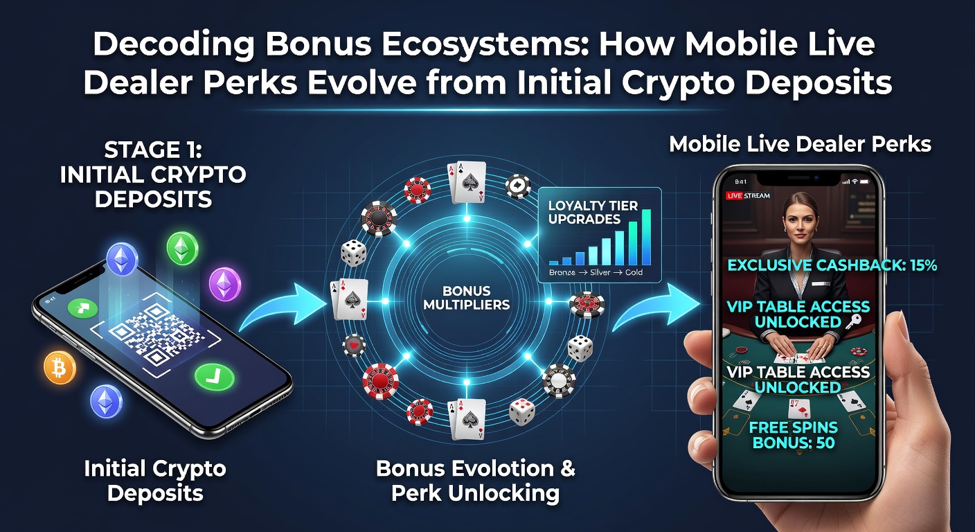 Visual representation of crypto deposit flows transforming into mobile live dealer game rewards and perks