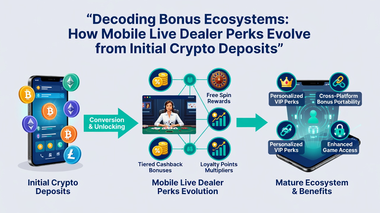 Diagram showing progression from crypto deposit through mobile app stages to advanced live dealer rewards
