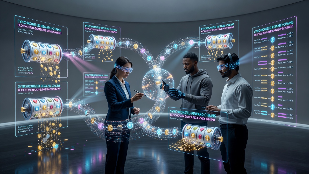 Virtual reality headset displaying blockchain-based gambling interface with synchronized reward indicators overlaid on immersive casino environment