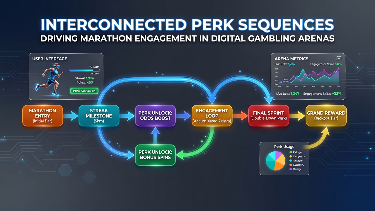 Diagram depicting marathon engagement patterns through sequential rewards in online casinos with crypto elements