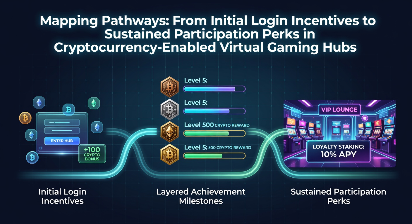Diagram showing progression from login rewards to achievement tiers in crypto gaming platforms