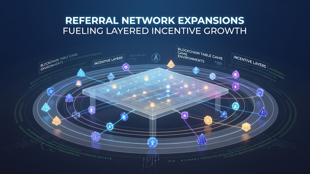 Blockchain table game interface displaying referral network expansions and layered incentives