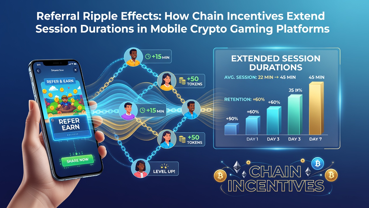 Mobile crypto gaming interface showing referral chain incentives and session tracking metrics