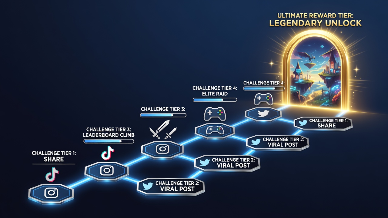 Social media users participating in gaming challenges on smartphones and laptops, showcasing escalating reward notifications