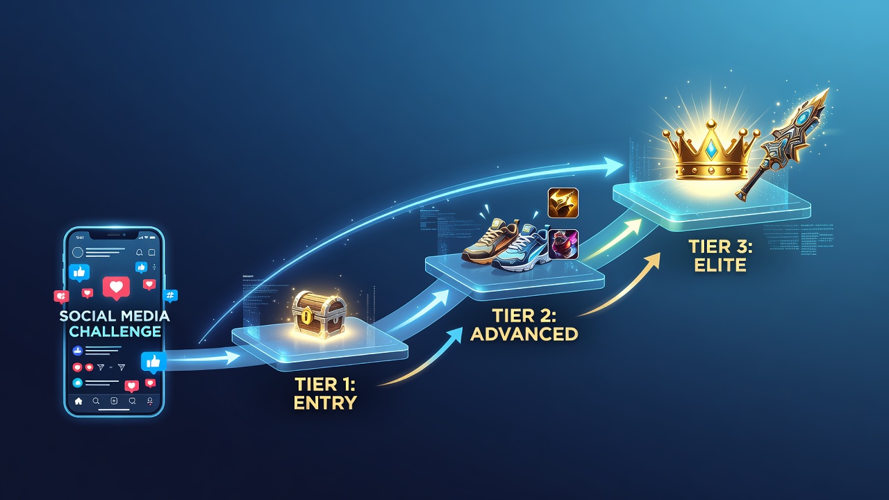 Infographic showing reward tier progression from social media challenges to premium gaming perks in online platforms