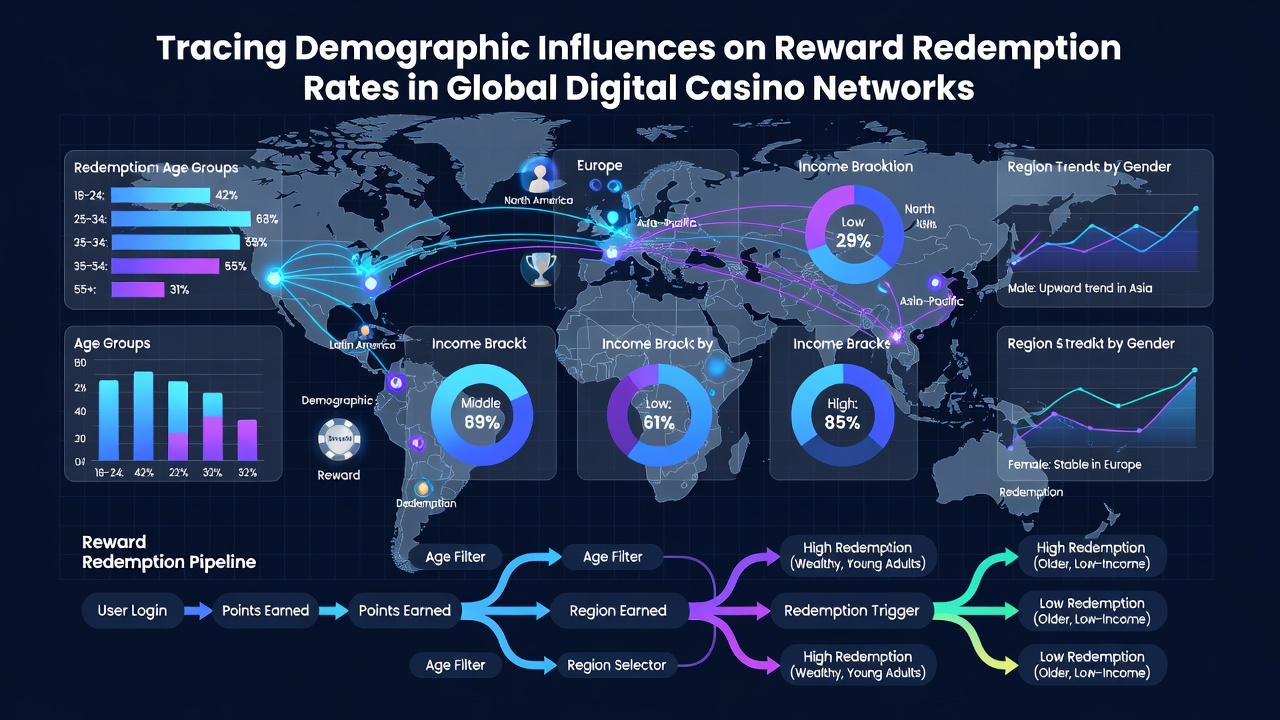 Global digital casino networks showing player demographics and reward redemption patterns across regions