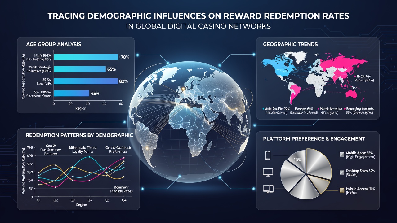 Data visualization of reward redemption rates segmented by age, gender, and region in online casino platforms