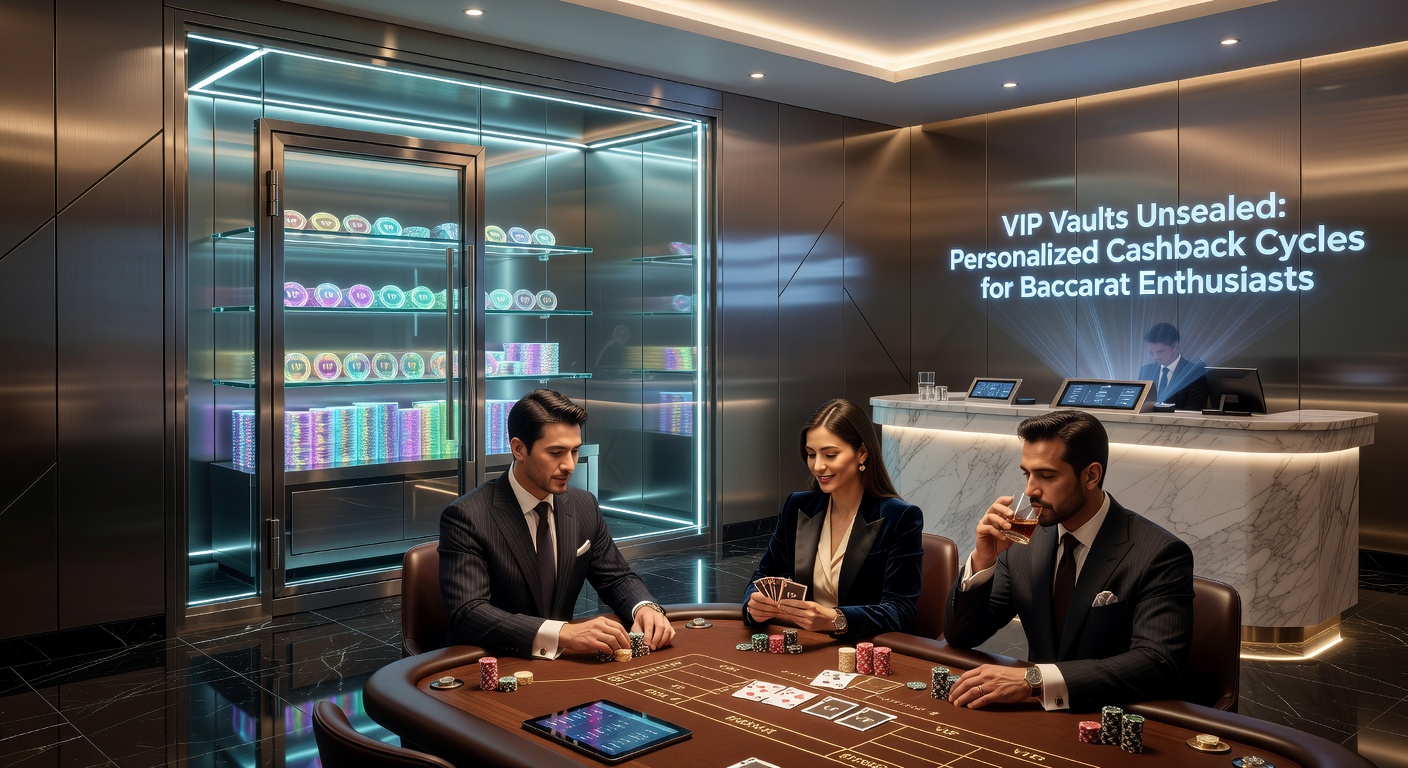 High-roller baccarat table with glowing VIP vault icons overlay, illustrating cashback cycles in action during a live session