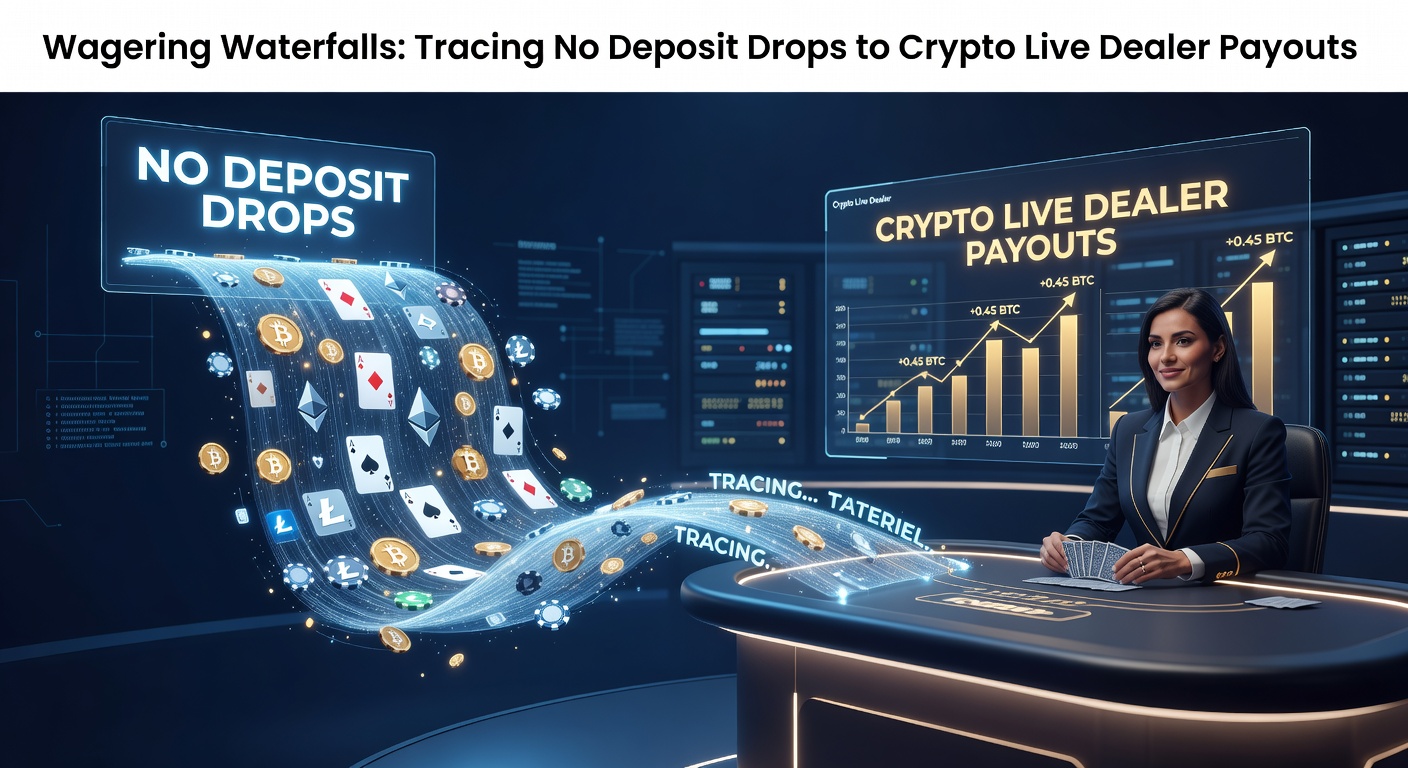 Visual representation of cascading wagering requirements from no deposit bonuses leading to cryptocurrency payouts in live dealer games